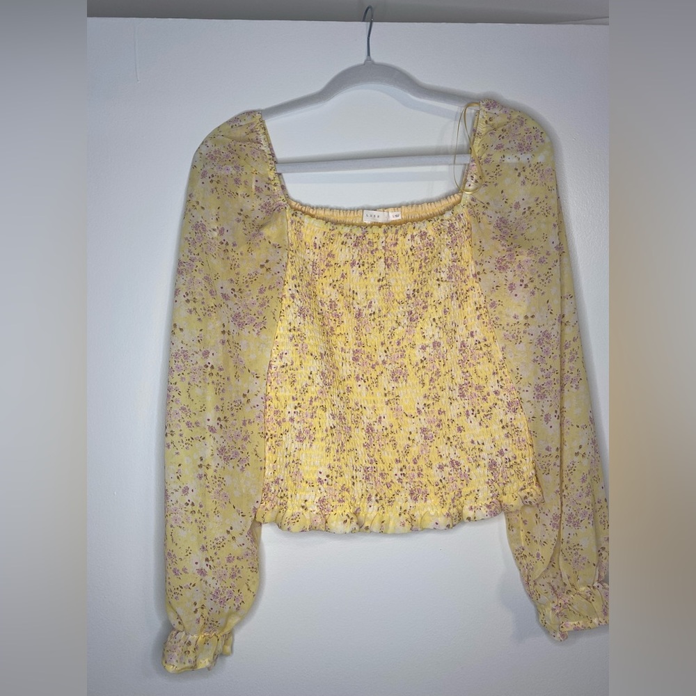 Lush smocked long sleeved blouse in yellow/lilac size L
